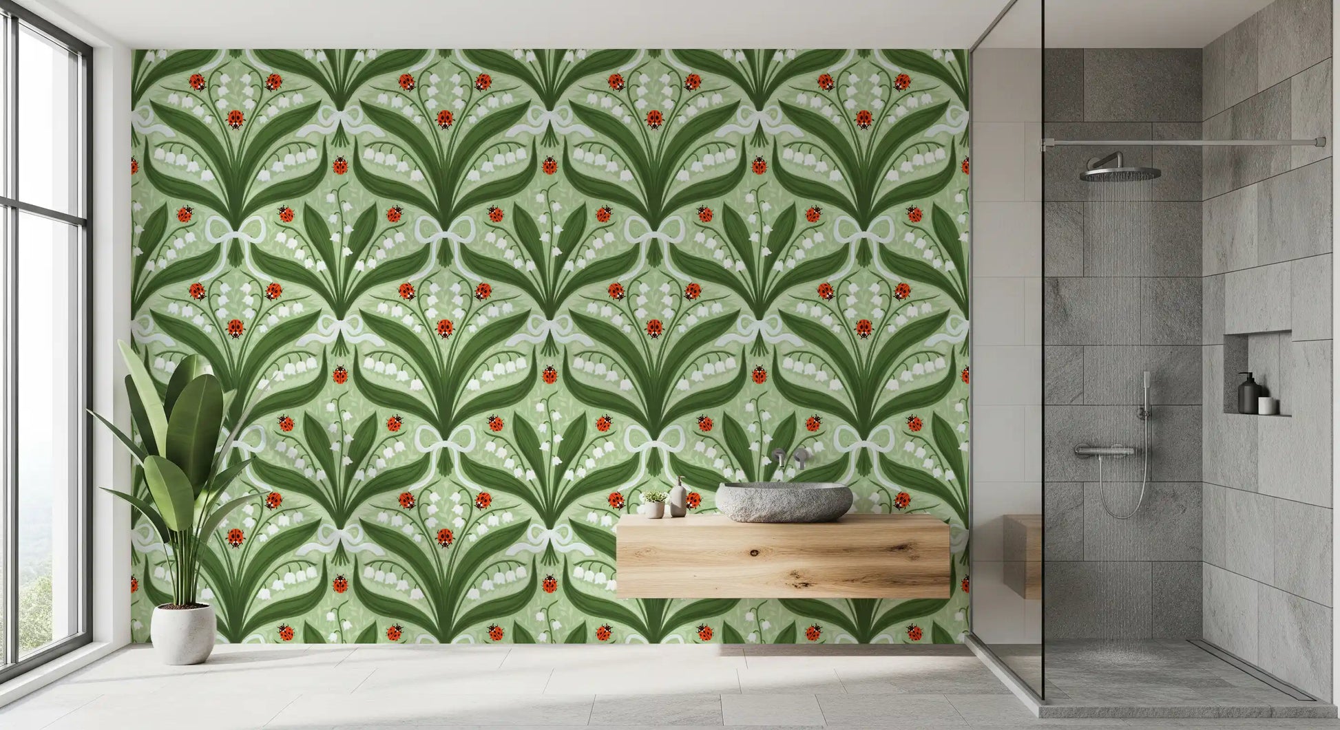 Mirrored stems climb beside a narrow Bathroom in lily and ladybug wallpaper