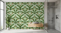 Mirrored stems climb beside a narrow Bathroom in lily and ladybug wallpaper