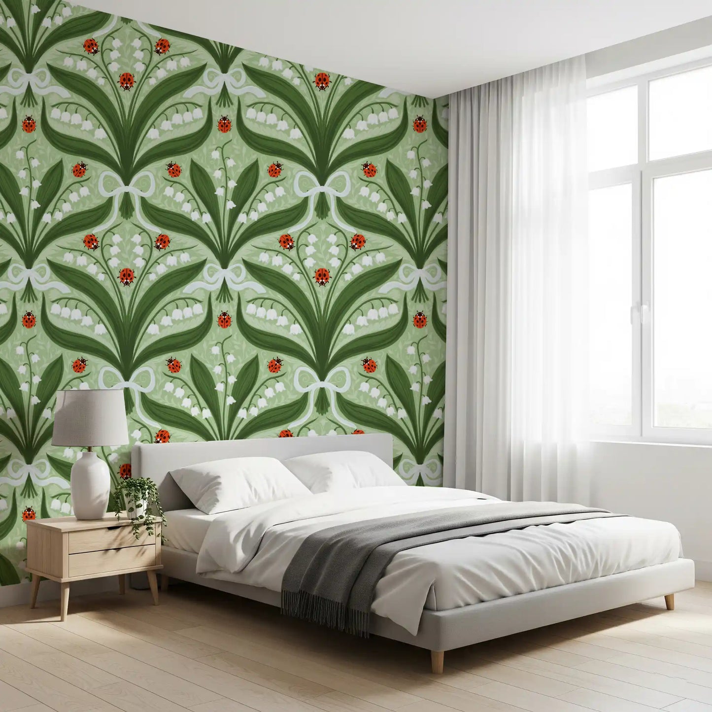 Folk botanical detail keeps a Bedroom feeling fresh in green ladybug wallpaper