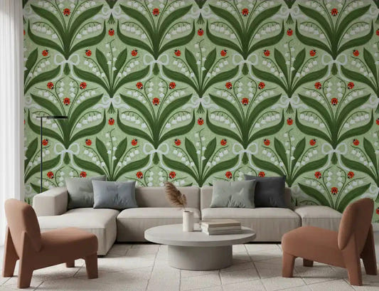 Lily of the valley ladybug wallpaper gives a calm living room folk symmetry