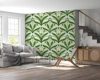 Lily of the valley ladybug wallpaper with white bells on a sage green ground