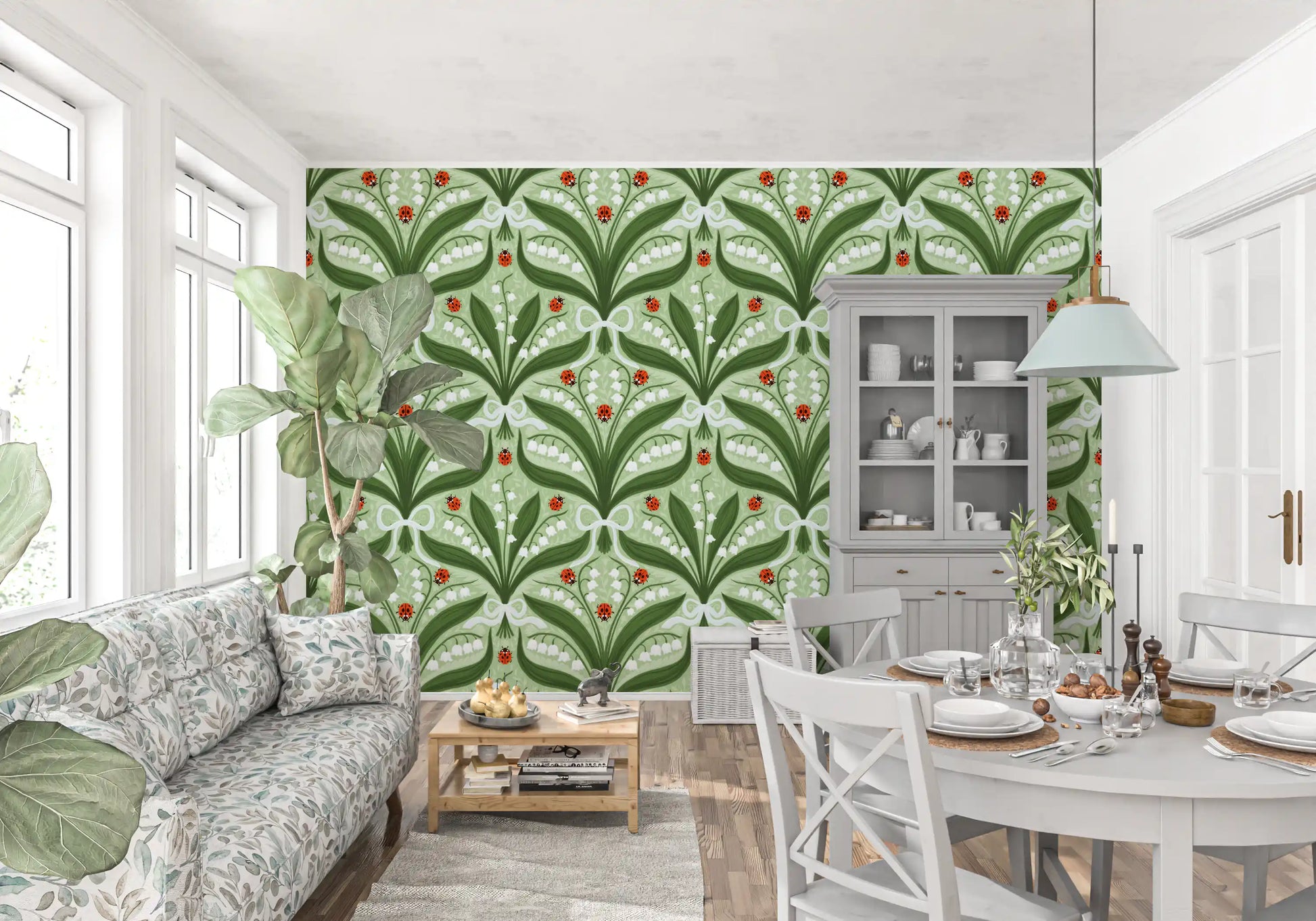 White bell flowers and red ladybugs warm a kitchen-dining nook in green wallpaper