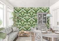 White bell flowers and red ladybugs warm a kitchen-dining nook in green wallpaper