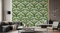 Mirrored stems and red ladybugs repeat over the green lily wallpaper motif