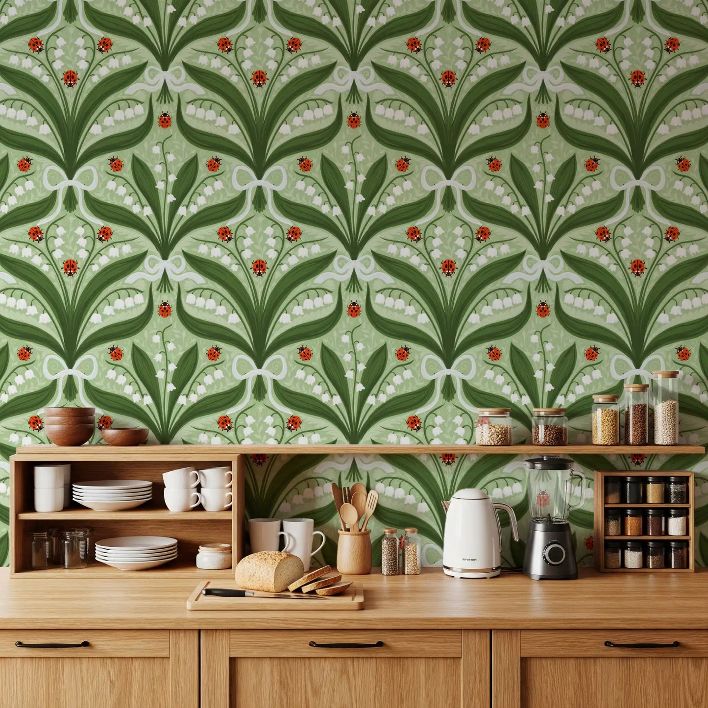 Sage green symmetry calms a restful Kitchen with lily of the valley wallpaper