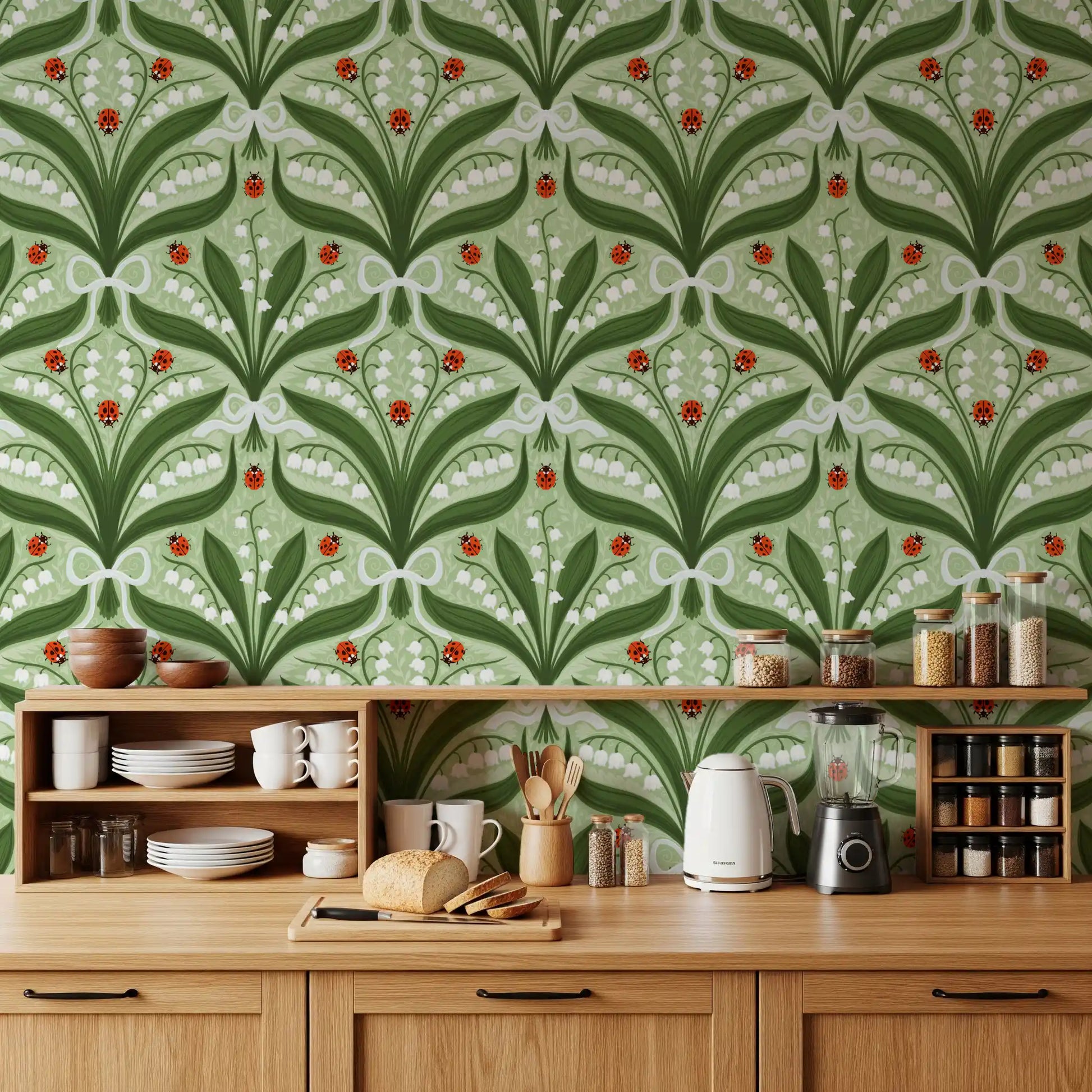 Sage green symmetry calms a restful Kitchen with lily of the valley wallpaper