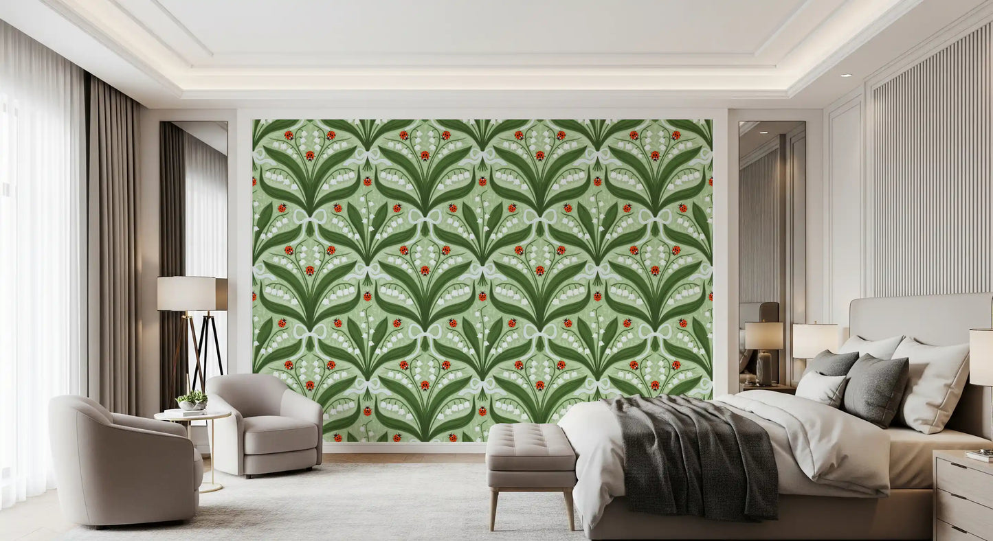Ribbon bows and white bells lift a Bedroom  in this green wallpaper