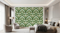 Ribbon bows and white bells lift a Bedroom  in this green wallpaper
