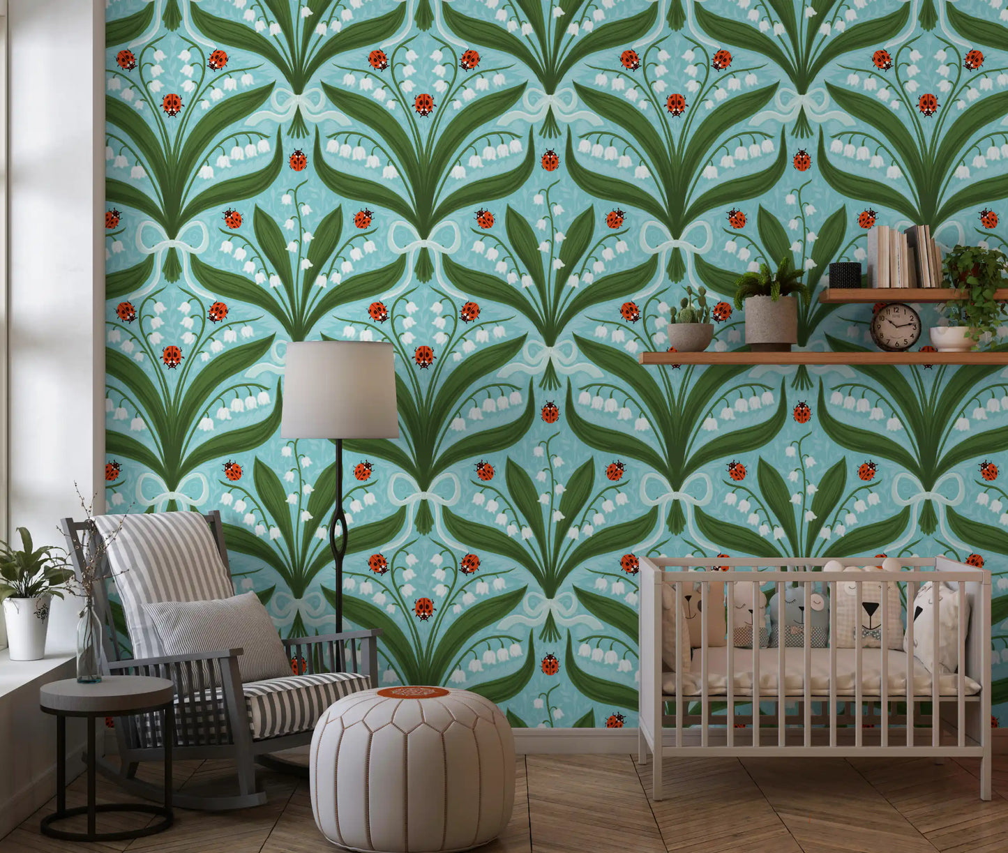 A bright Nurserystyled in lily and ladybug symmetry wallpaper