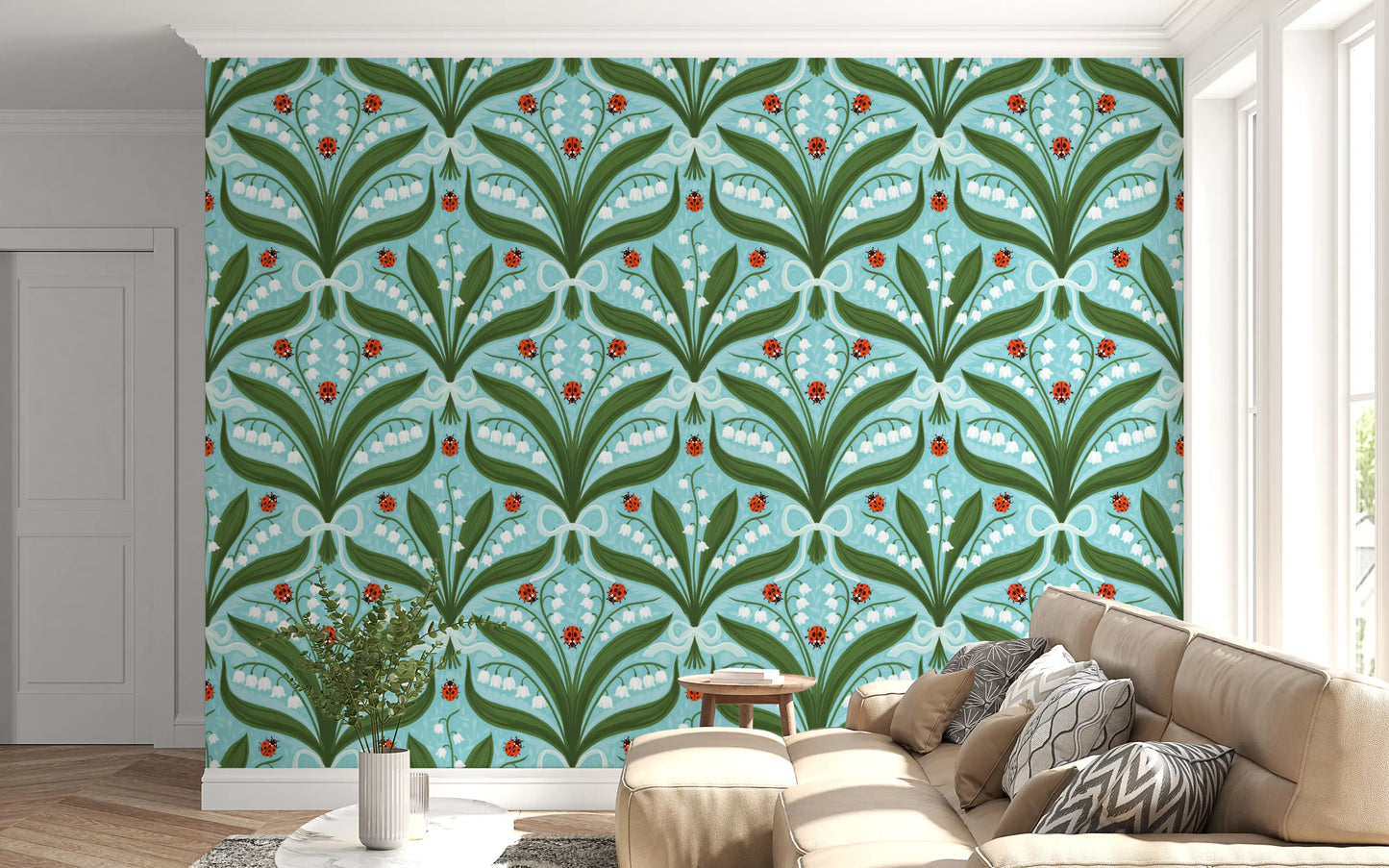 Cheerful ladybug and bell-flower wallpaper energising a family living room