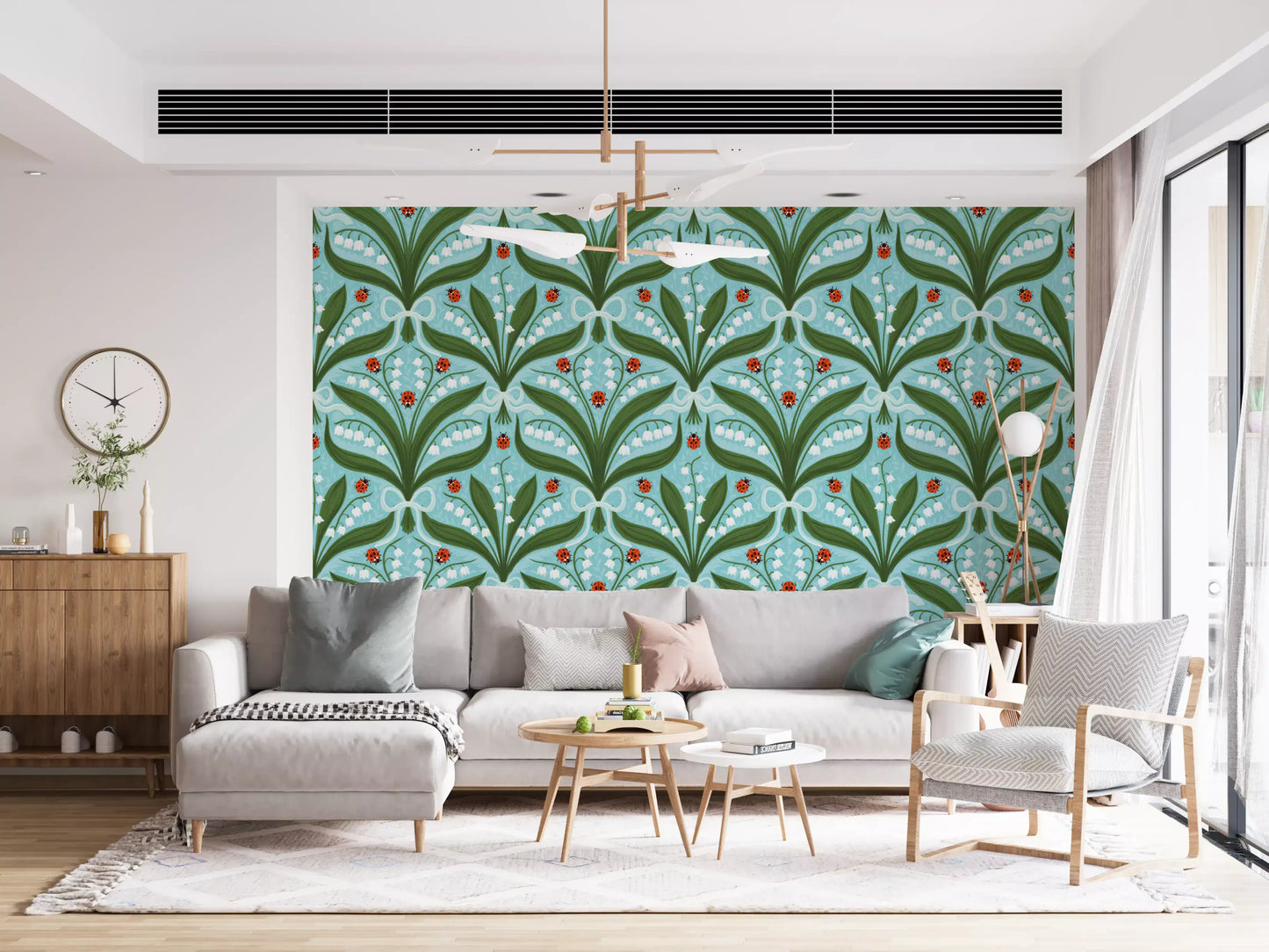 Red ladybugs dotting green stems within this botanical symmetry wallpaper