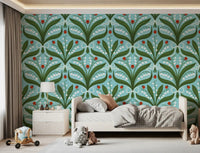 Mirrored floral wallpaper anchoring a serene Kids bedroom in green and white