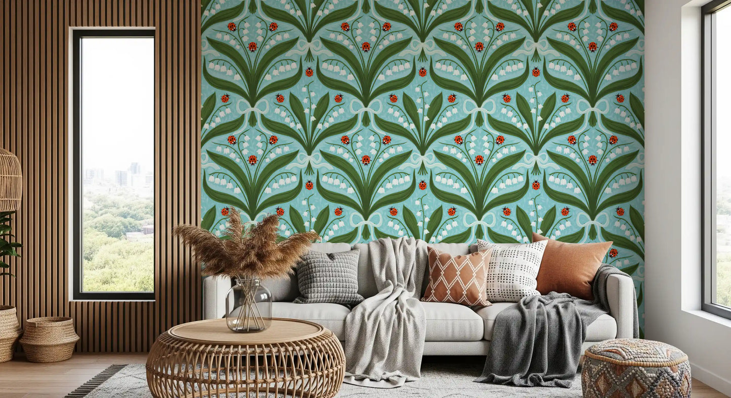Detailed pattern view of the green, white and red lily wallpaper