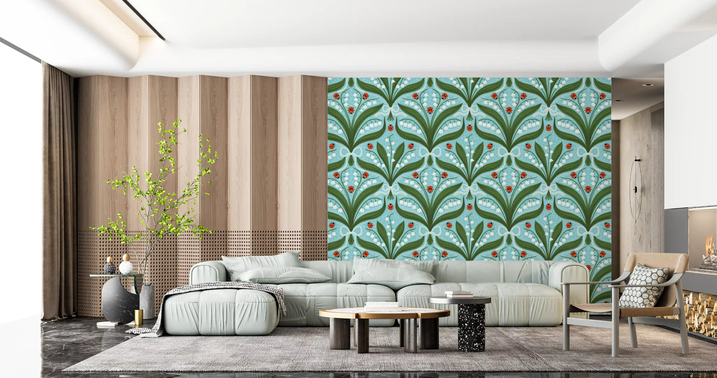 Lily of the valley wallpaper showing white bell blooms on a turquoise ground