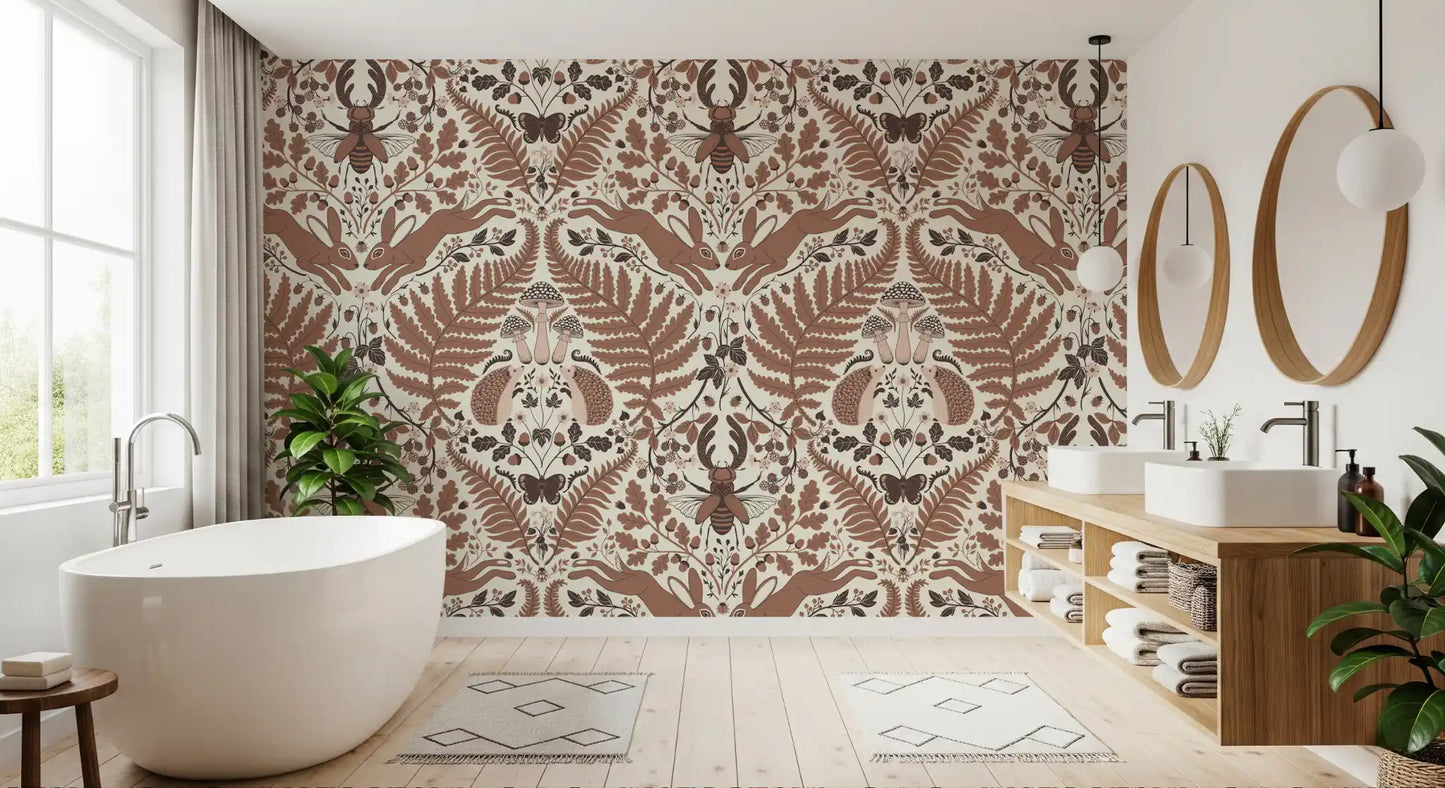 Folk woodland whispers wallpaper lends this bathroom  a warm, storybook fee