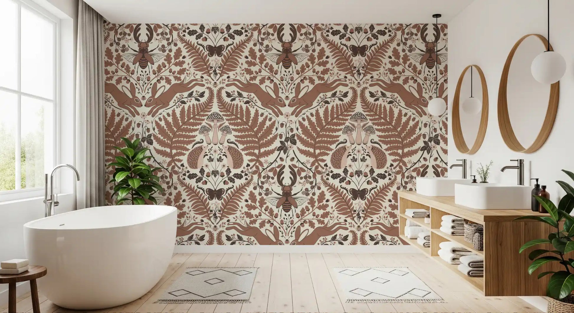Folk woodland whispers wallpaper lends this bathroom  a warm, storybook fee