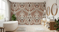 Folk woodland whispers wallpaper lends this bathroom  a warm, storybook fee