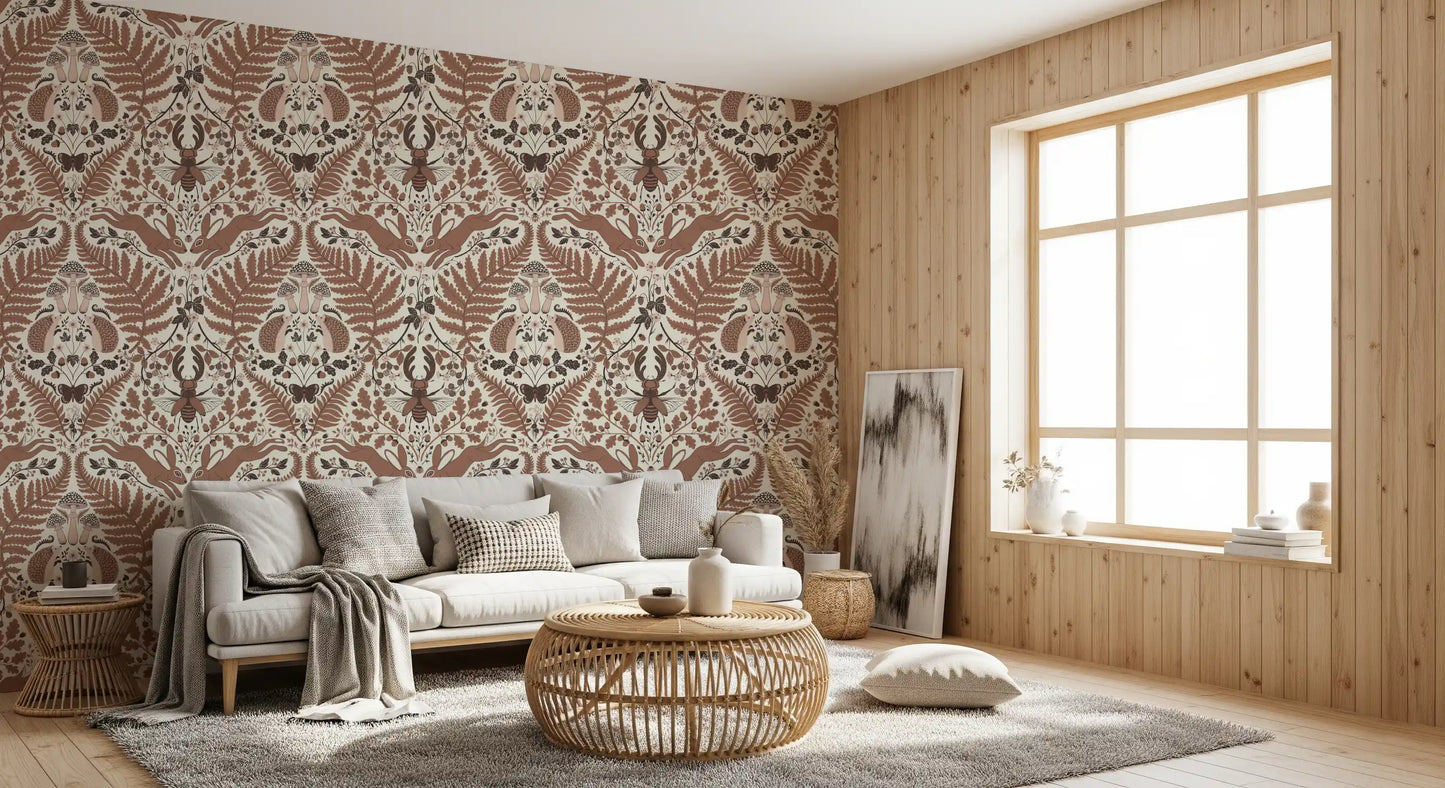 A mocha-brown woodland whispers wallpaper keeps this living room calm and warm