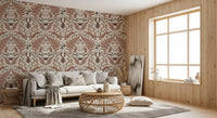A mocha-brown woodland whispers wallpaper keeps this living room calm and warm
