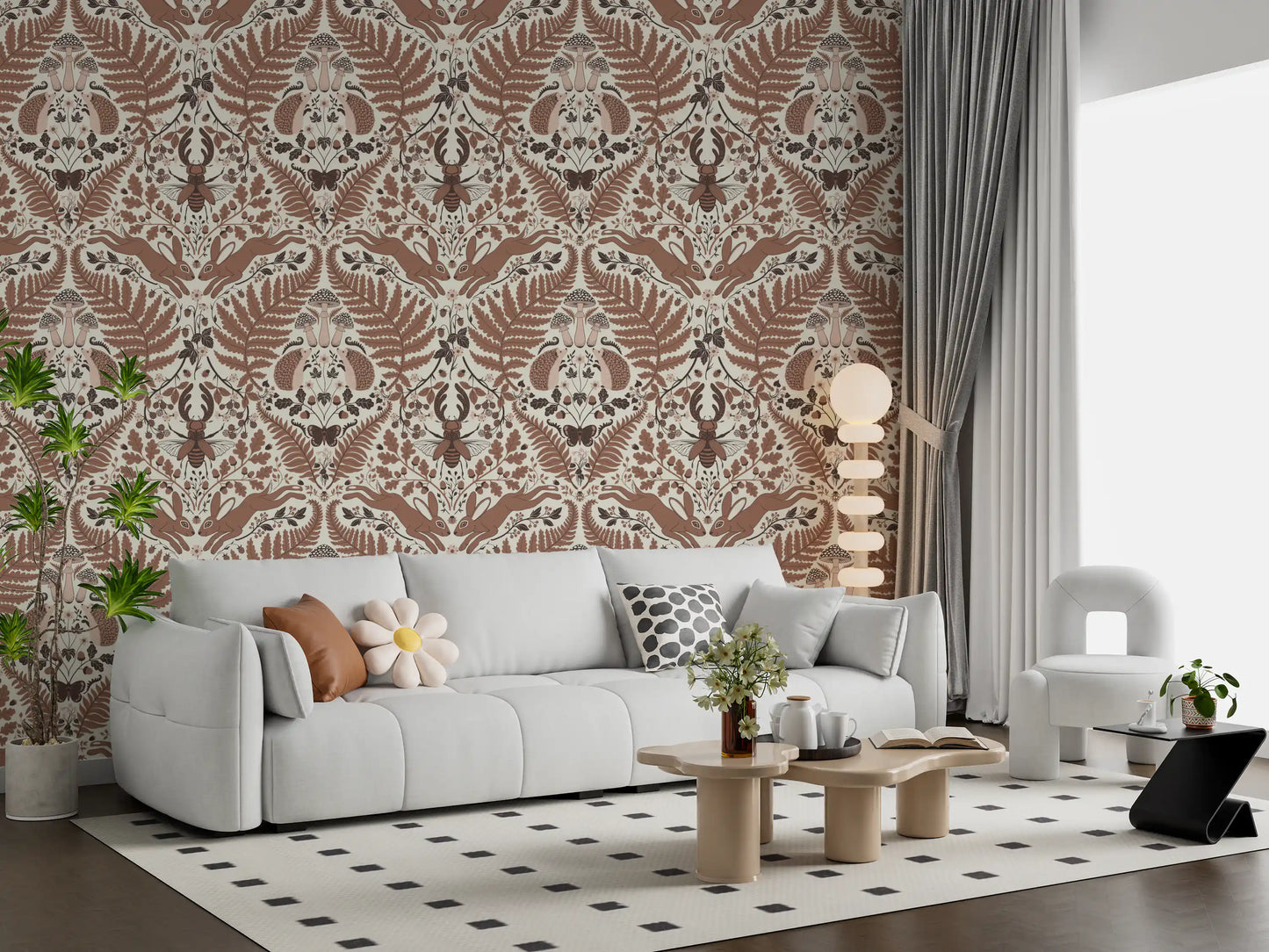 Calm and earthy, this Living room wears mocha woodland whispers wallpaper