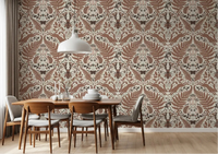 Woodland whispers wallpaper wraps this dining room in warm mocha-brown folk detail