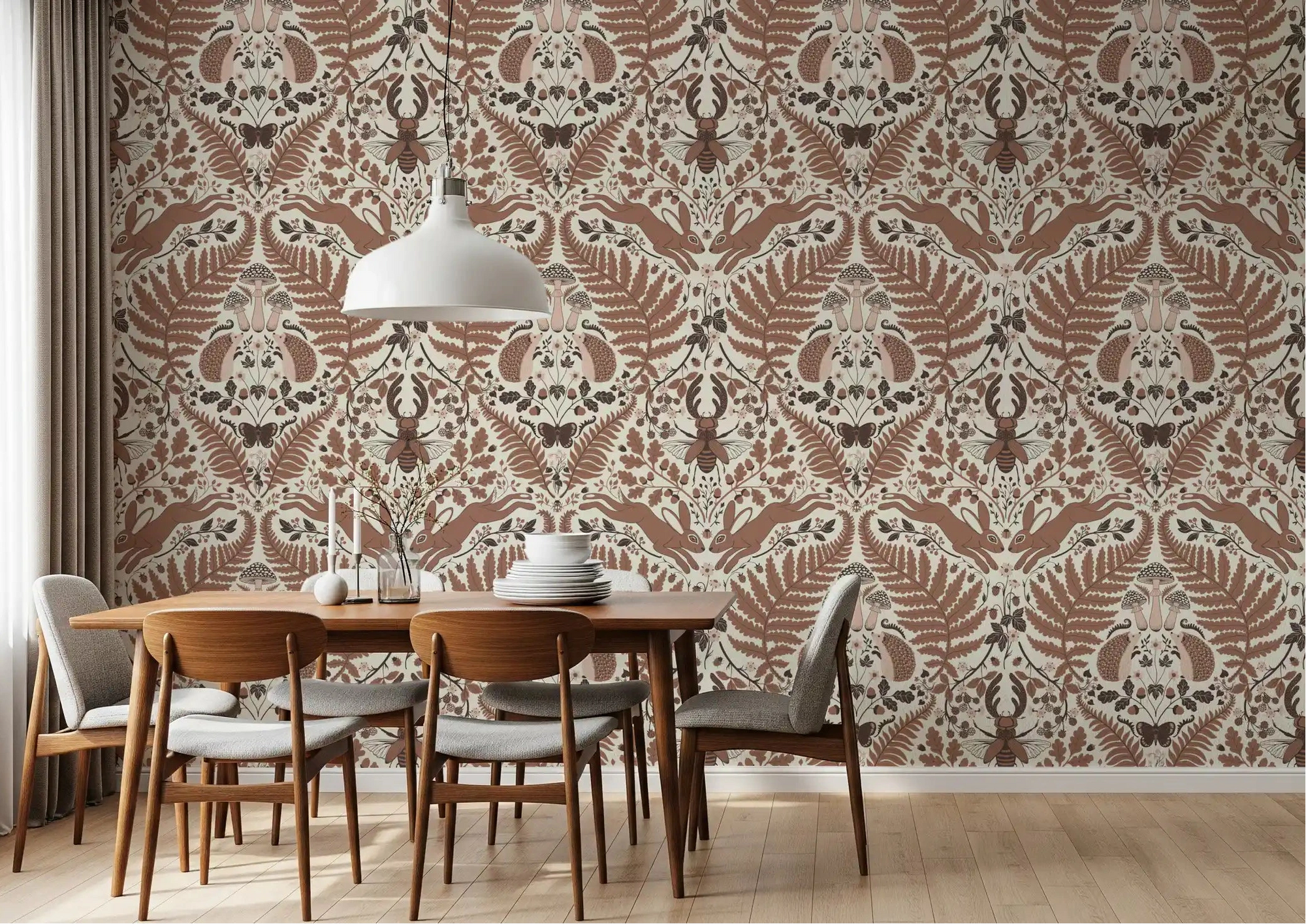 Woodland whispers wallpaper wraps this dining room in warm mocha-brown folk detail