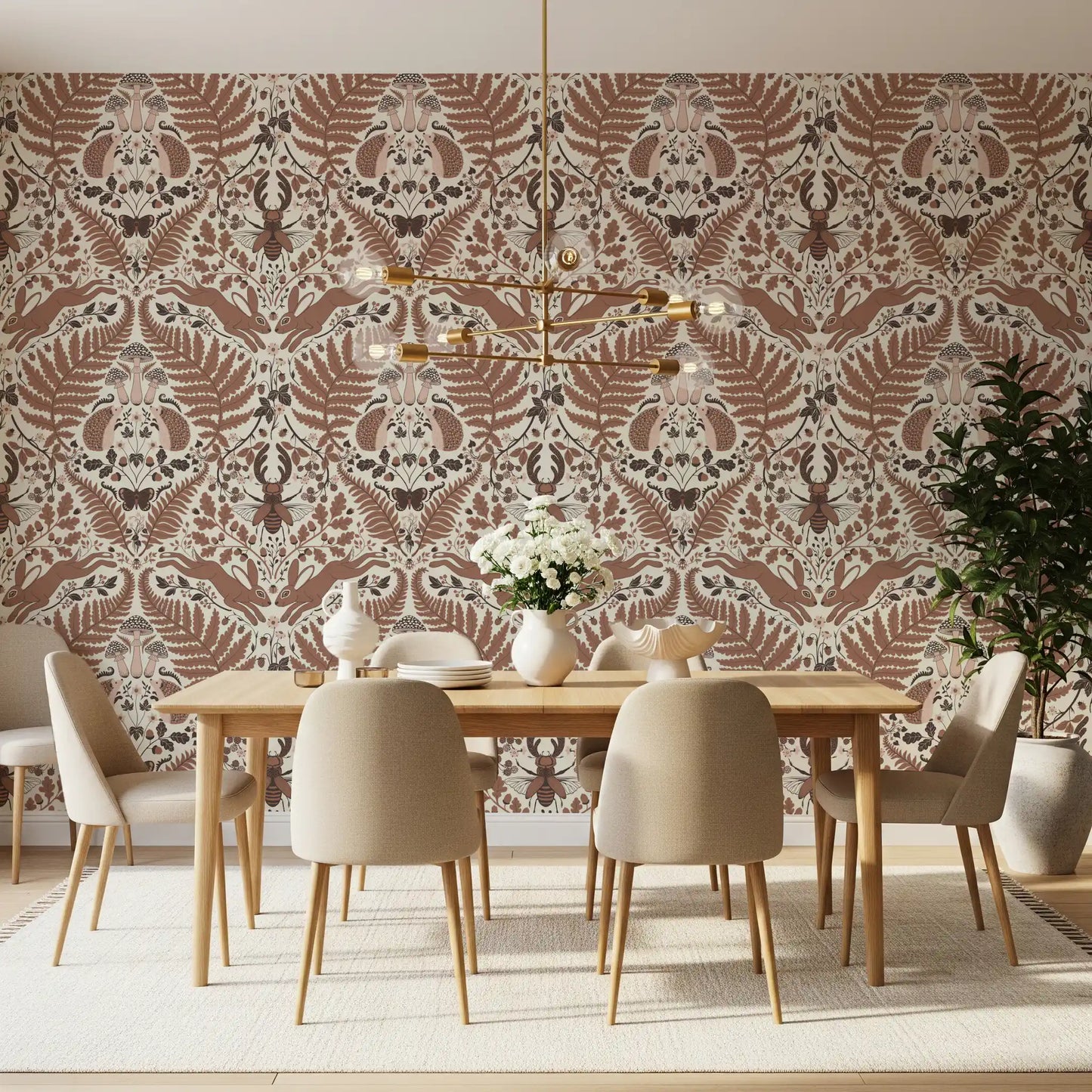 Mirrored hares and toadstools dress this Dining room in woodland whispers wallpaper