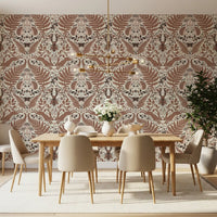 Mirrored hares and toadstools dress this Dining room in woodland whispers wallpaper