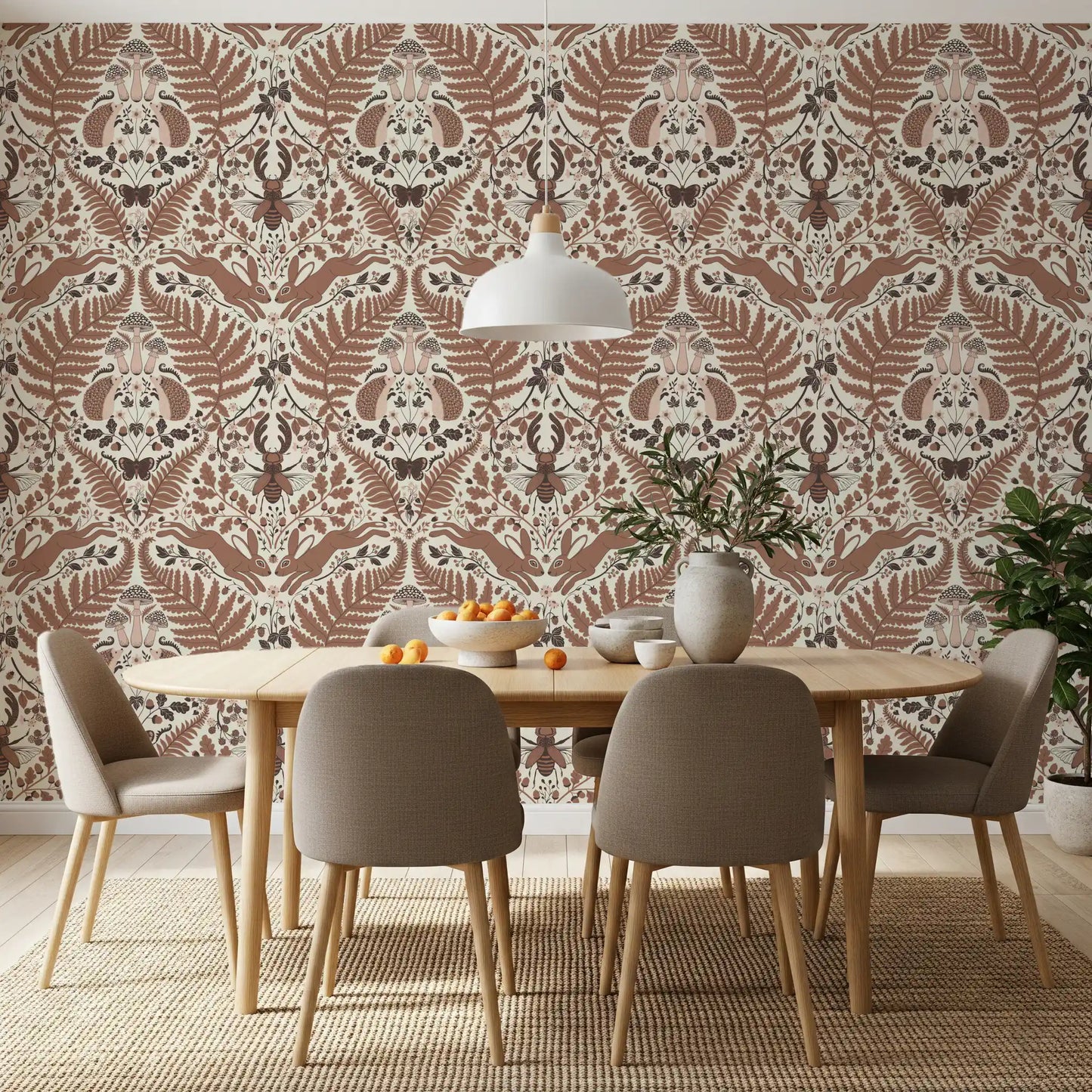 Woodland whispers wallpaper showing hedgehogs, ferns and toadstools in mocha brown