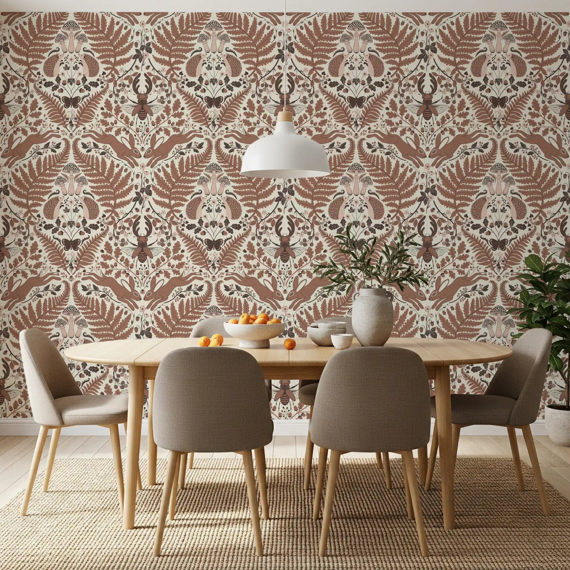 Woodland whispers wallpaper showing hedgehogs, ferns and toadstools in mocha brown