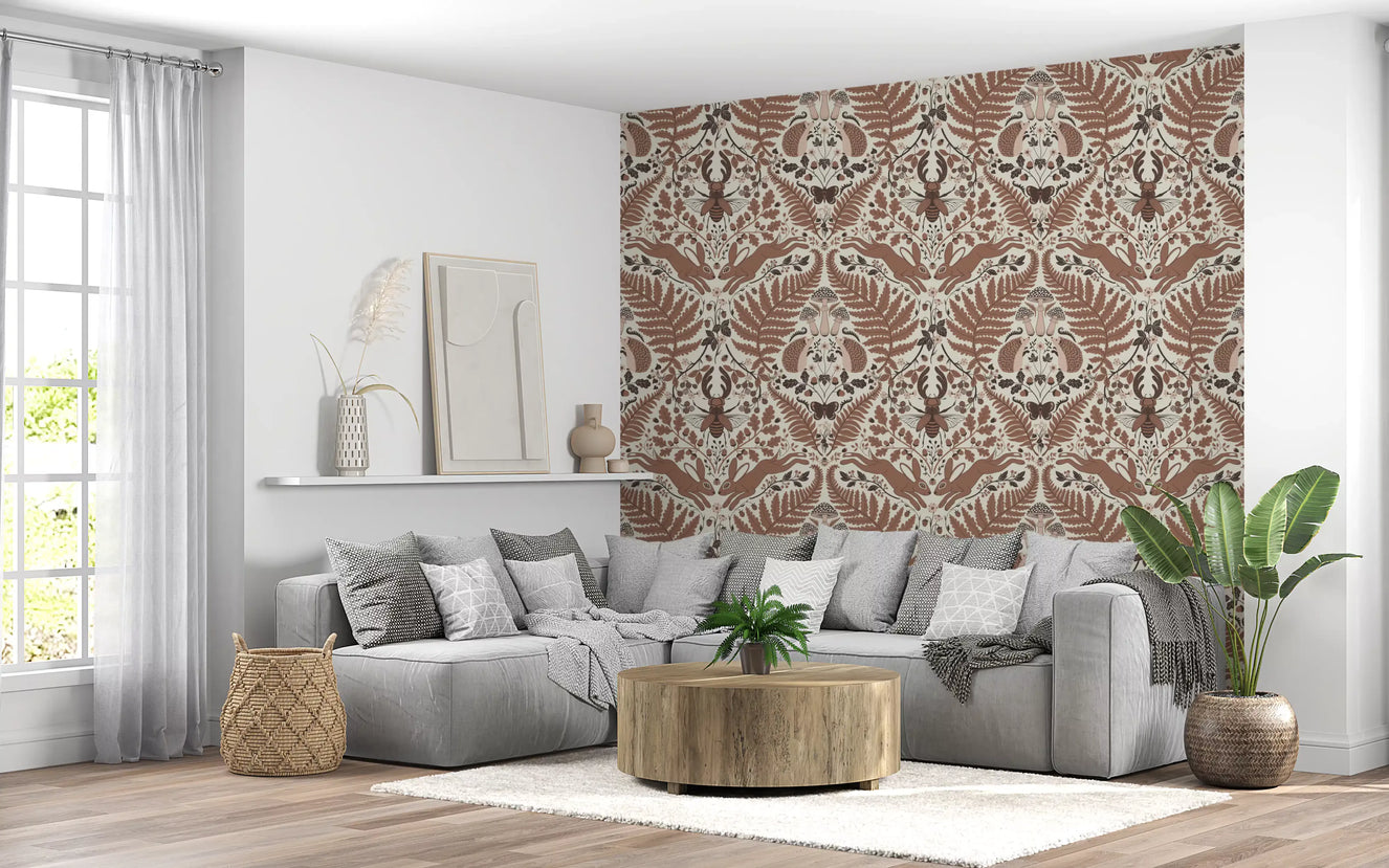 Hedgehogs and ferns give this Living room a cosy woodland whispers wallpaper