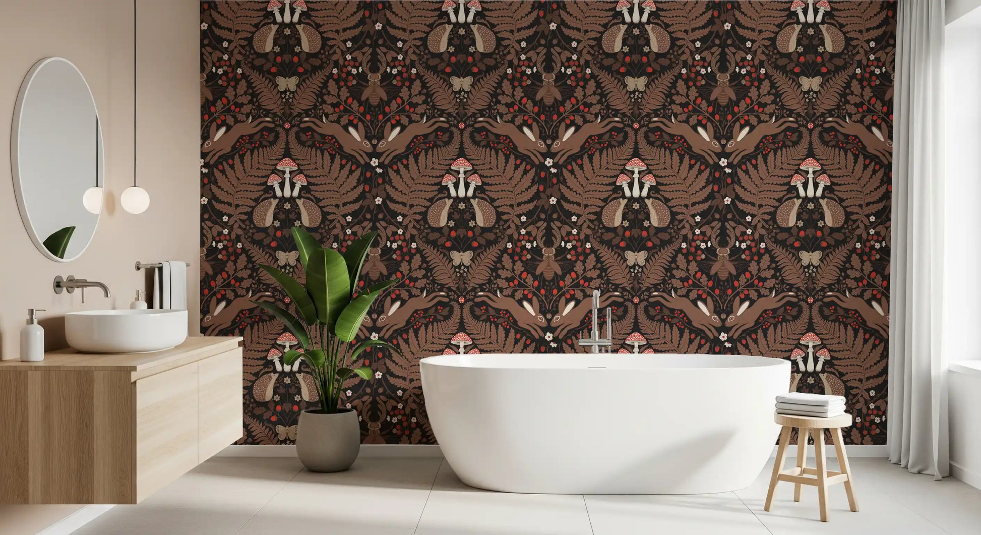 Bathroom framed by brown woodland creature wallpaper with red berry accents