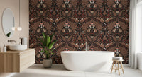 Bathroom framed by brown woodland creature wallpaper with red berry accents