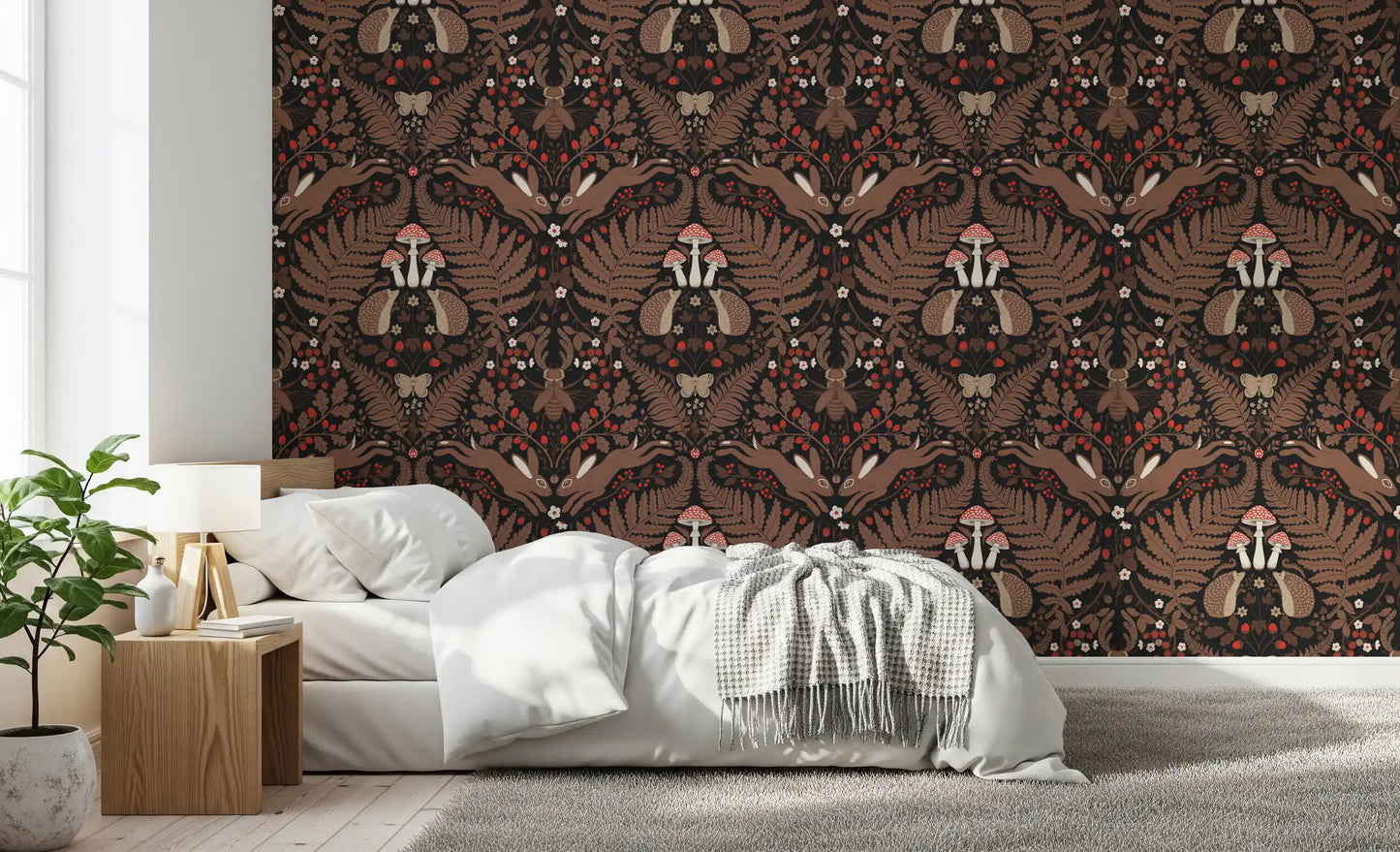 Mirrored layout brings calm order to this dense woodland animal wallpaper