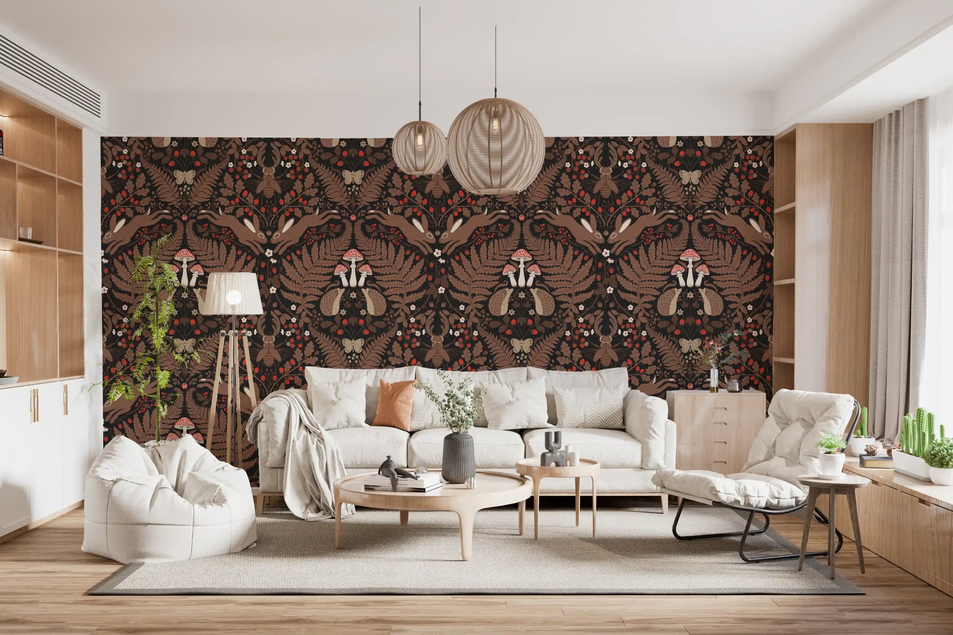 Woodland animals and plants wallpaper in warm brown on a near-black ground