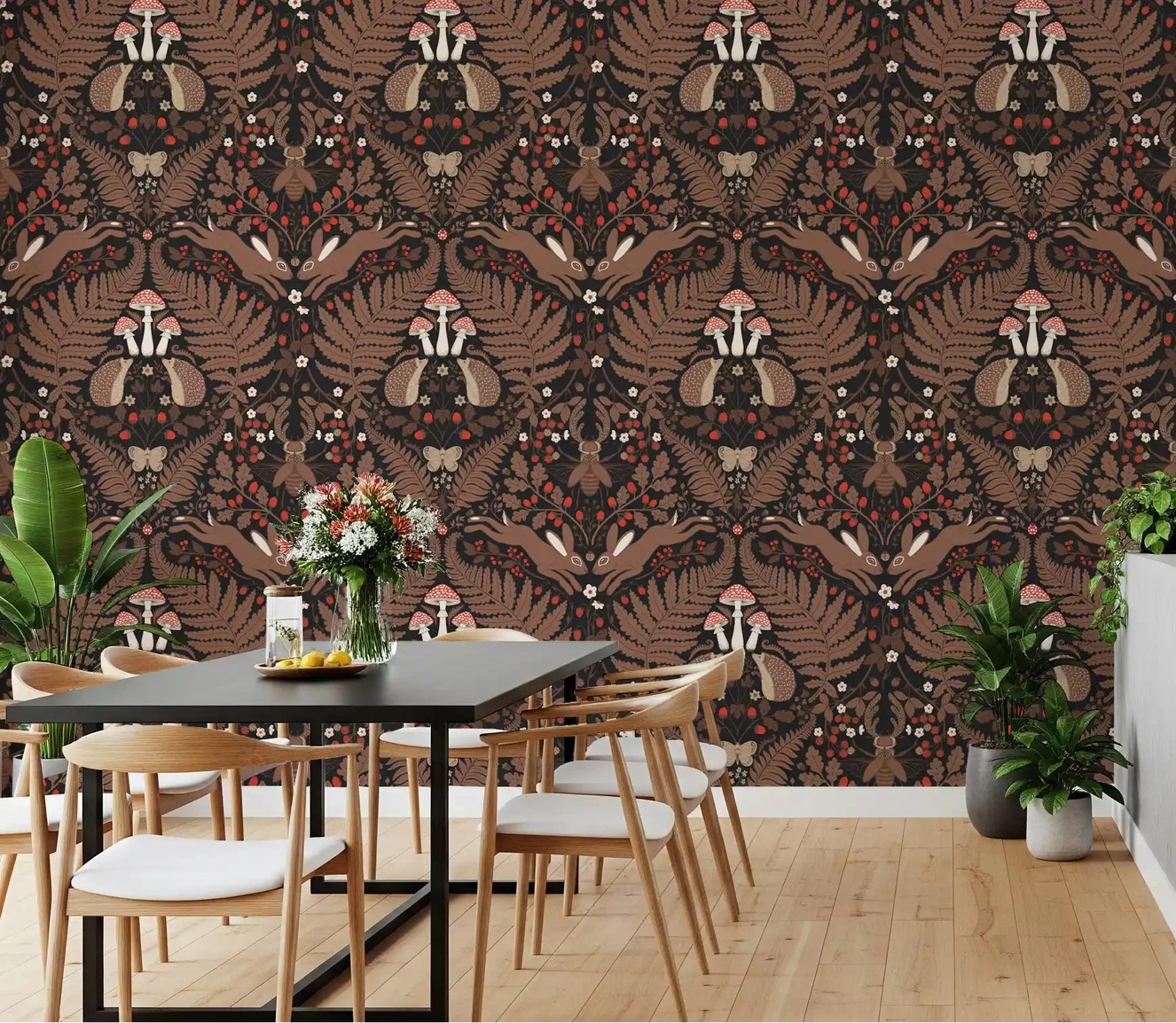 Dining room enriched by woodland animals and plants wallpaper in red and brown