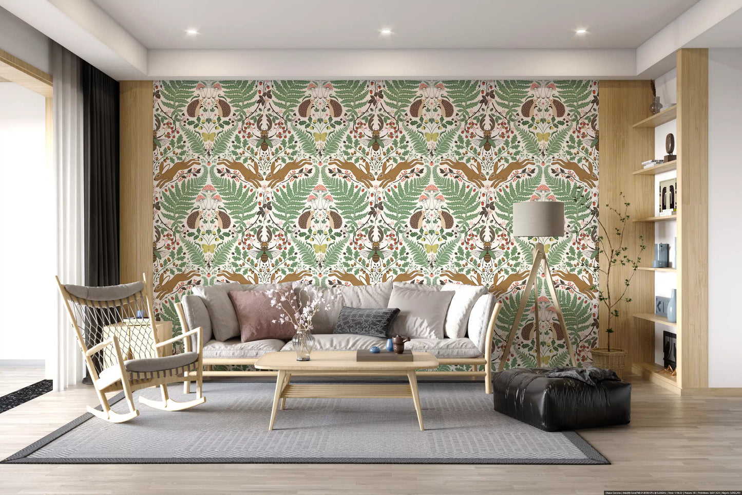 Leaping ochre hares anchor the corners of this forest animal wallpaper