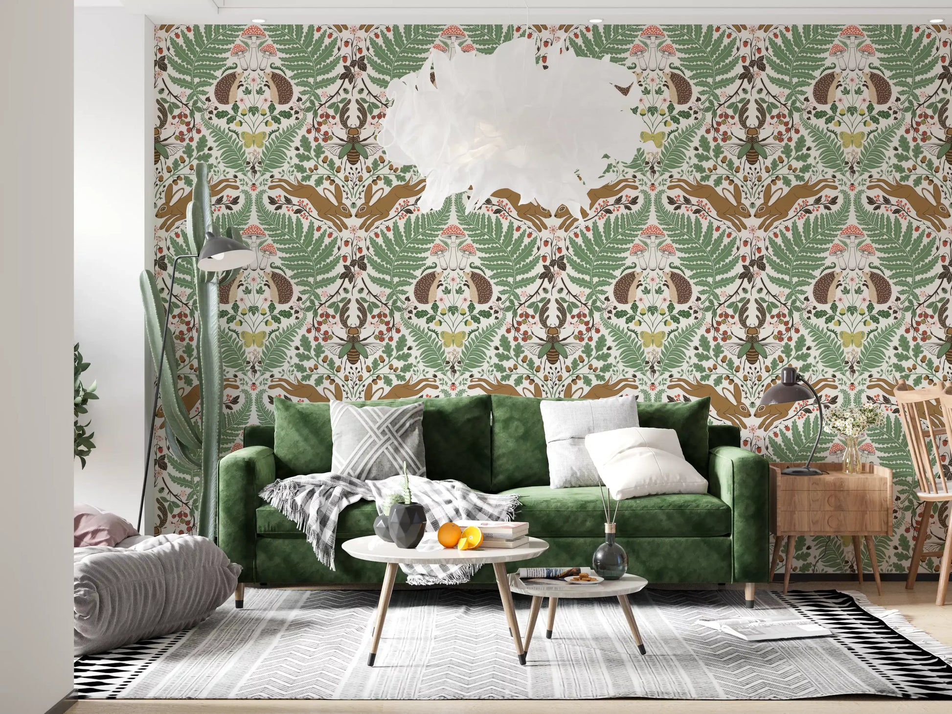 Mirrored sage ferns frame toadstools and hedgehogs in this woodland wallpaper