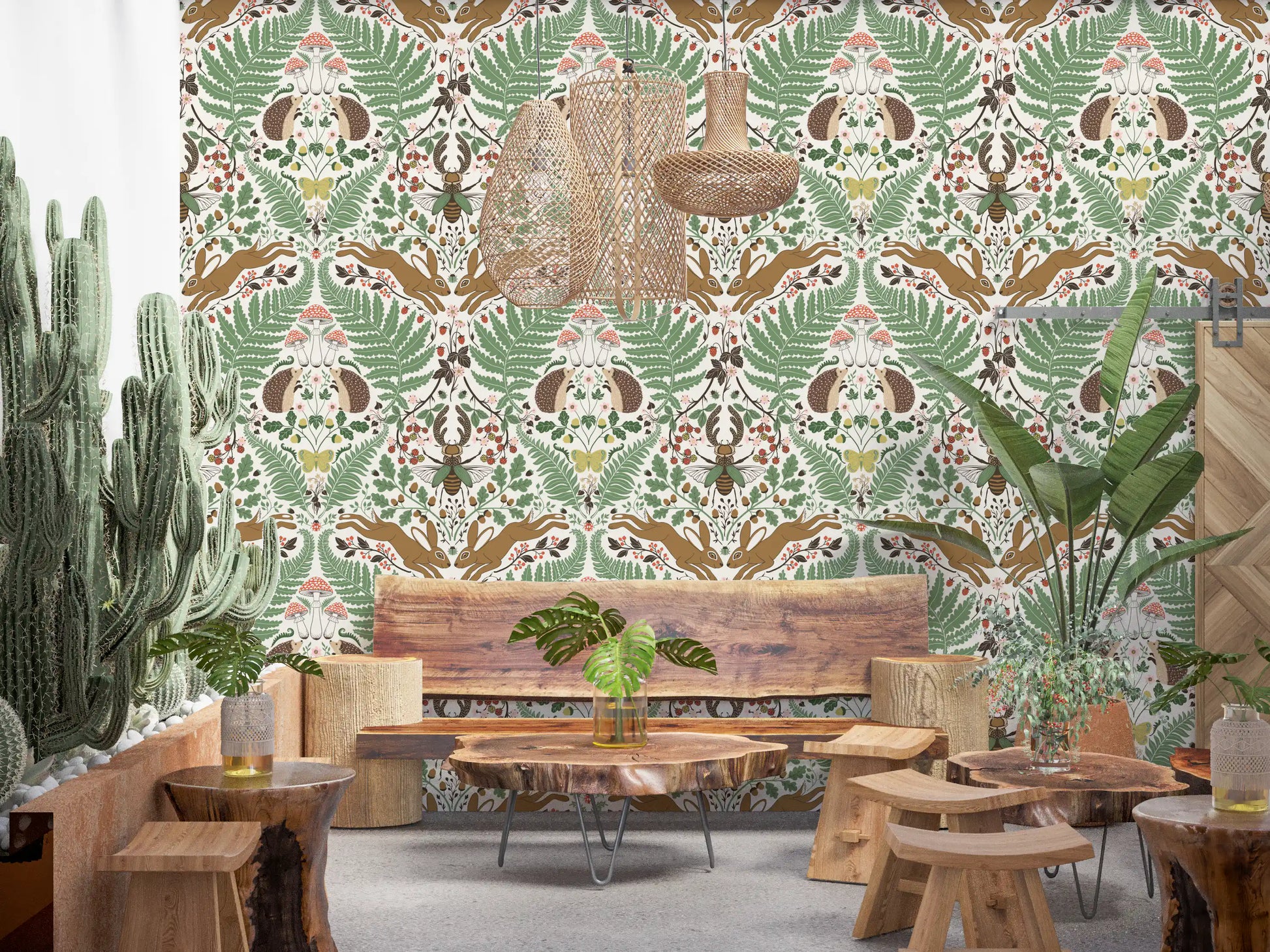 Hedgehog and hare wallpaper sets a storybook tone in this restaurant dining area