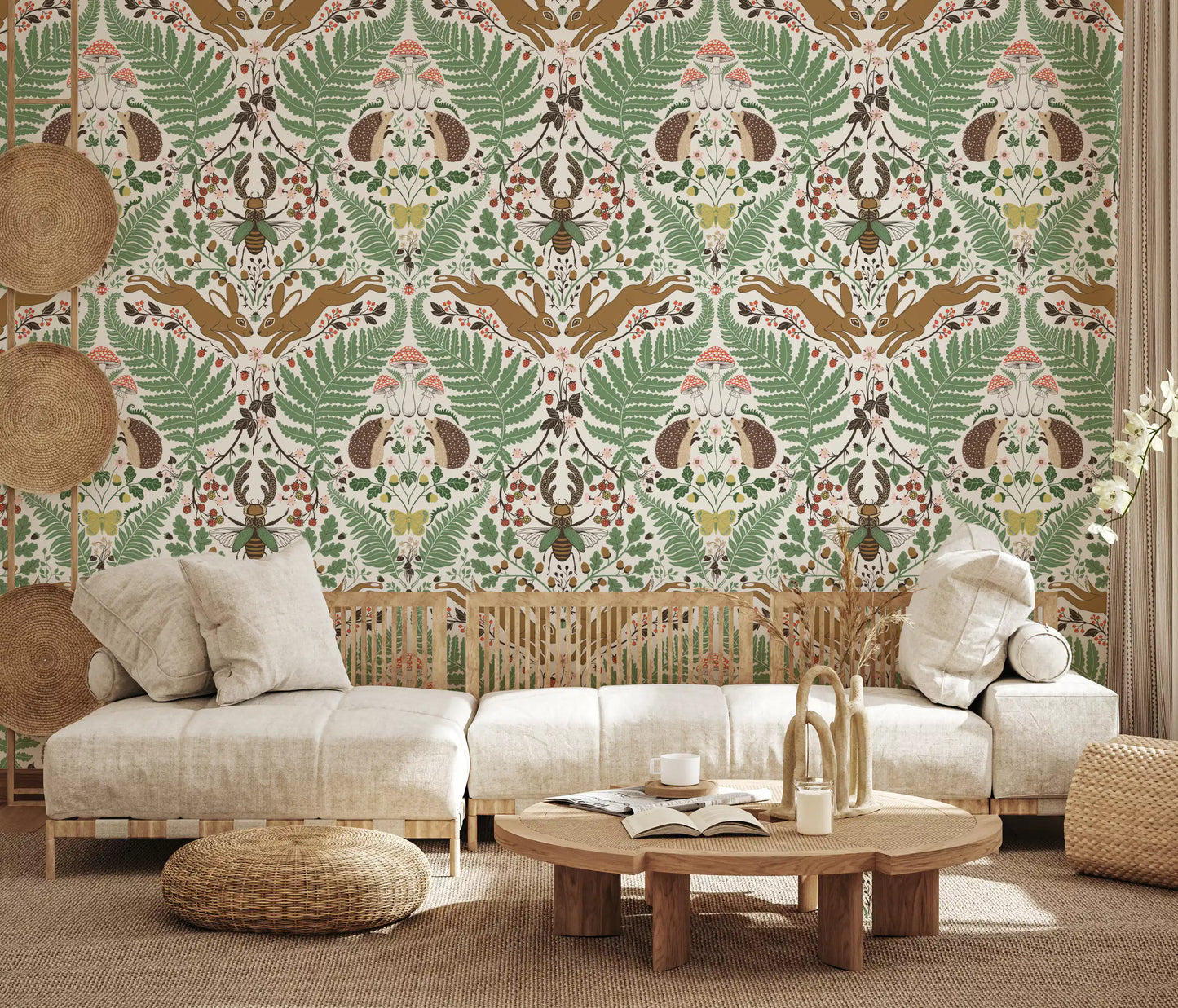 Sage woodland wallpaper adds folk charm to a relaxed Living room