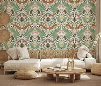 Sage woodland wallpaper adds folk charm to a relaxed Living room