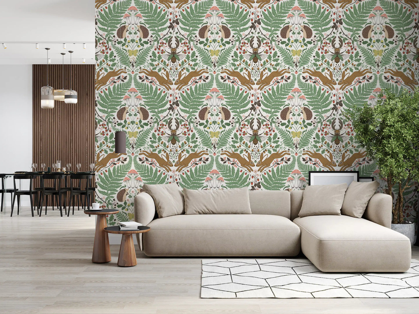Forest animal wallpaper brightens this open and airy Hallway 