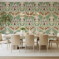 Ochre and sage woodland wallpaper suits a Dining room 