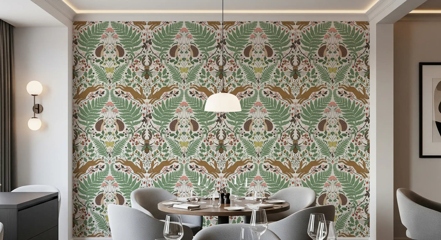 Woodland animals wallpaper with hedgehogs and hares on a cream ground