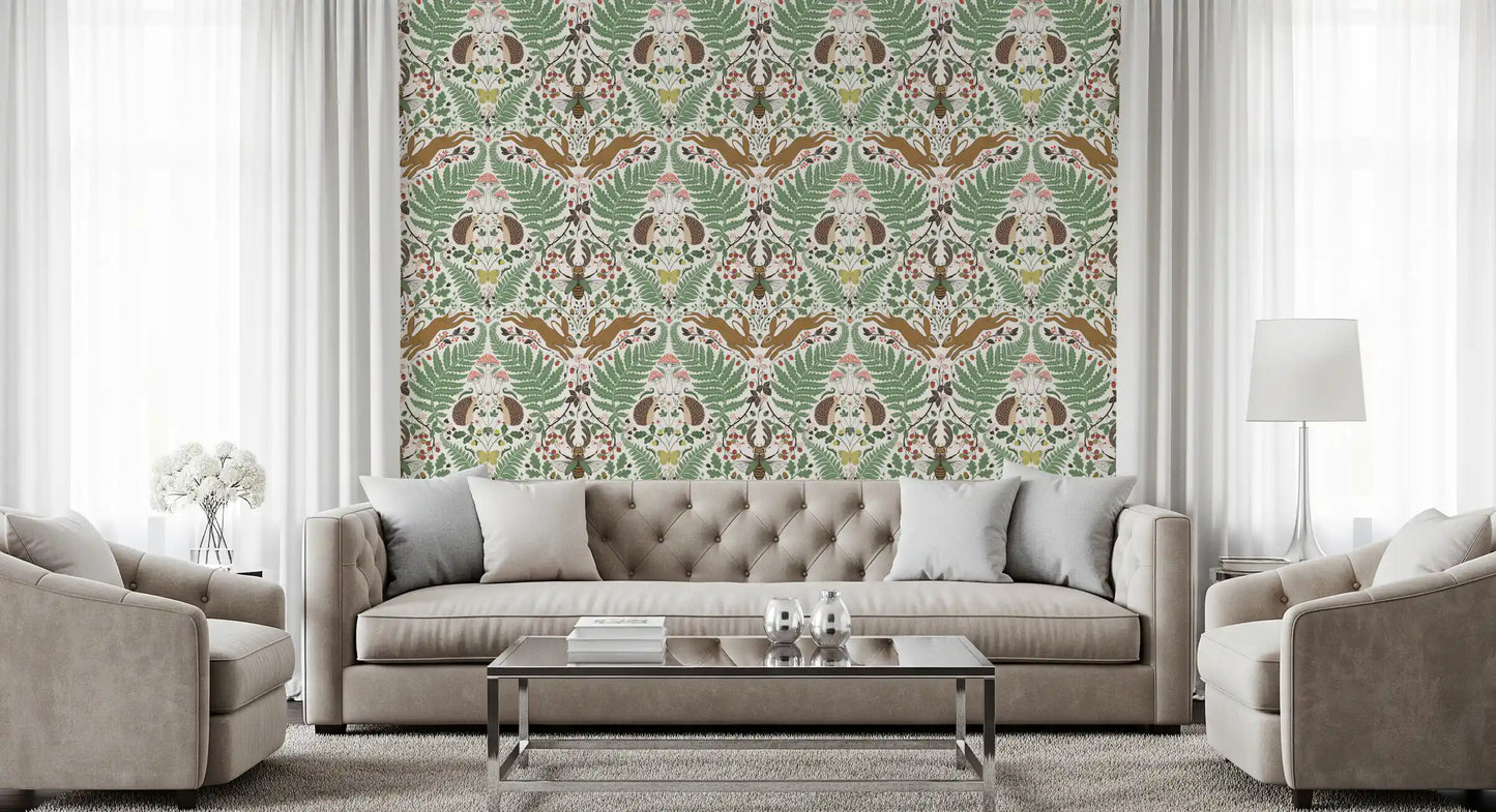 A cosy woodland creatures wallpaper anchors this bright Living room 