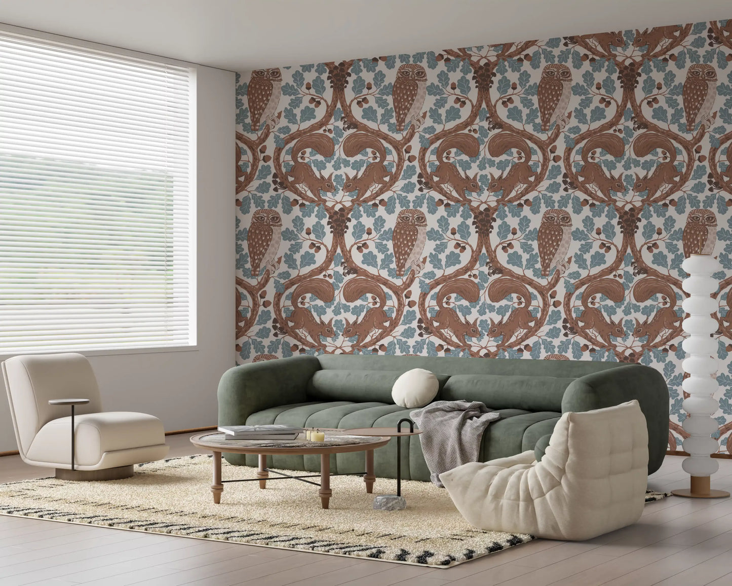 Owls and squirrels among oak leaves calm a restful Living room in brown wallpaper