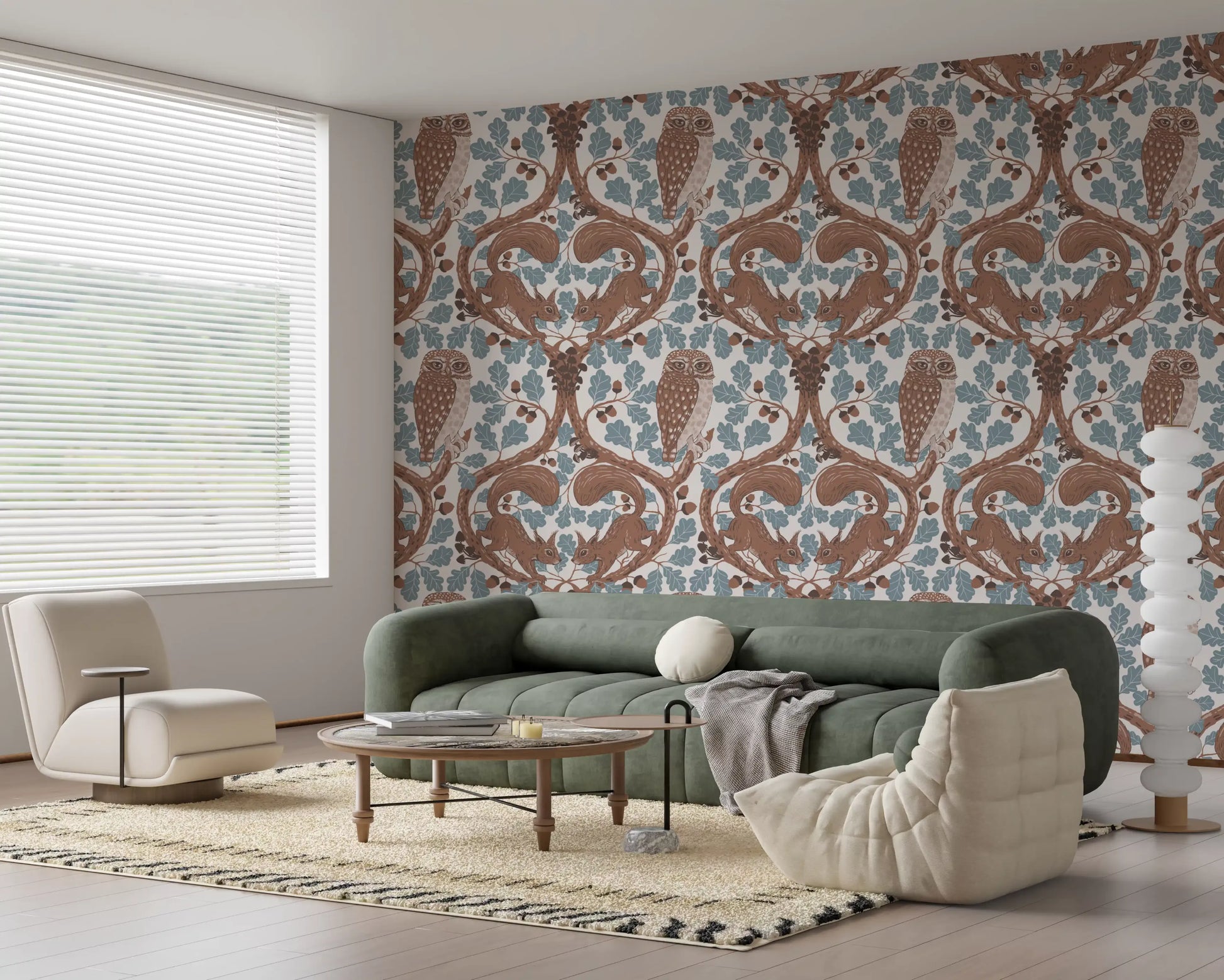 Owls and squirrels among oak leaves calm a restful Living room in brown wallpaper