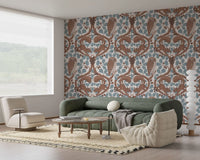 Owls and squirrels among oak leaves calm a restful Living room in brown wallpaper