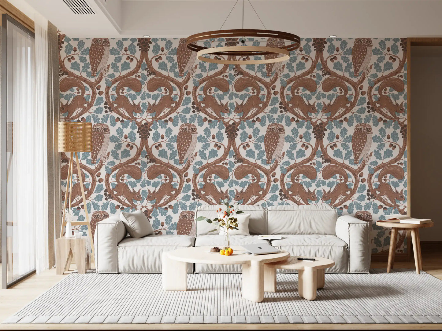 Acorn-laden oak branches lift a bright hallway in brown owl wallpaper