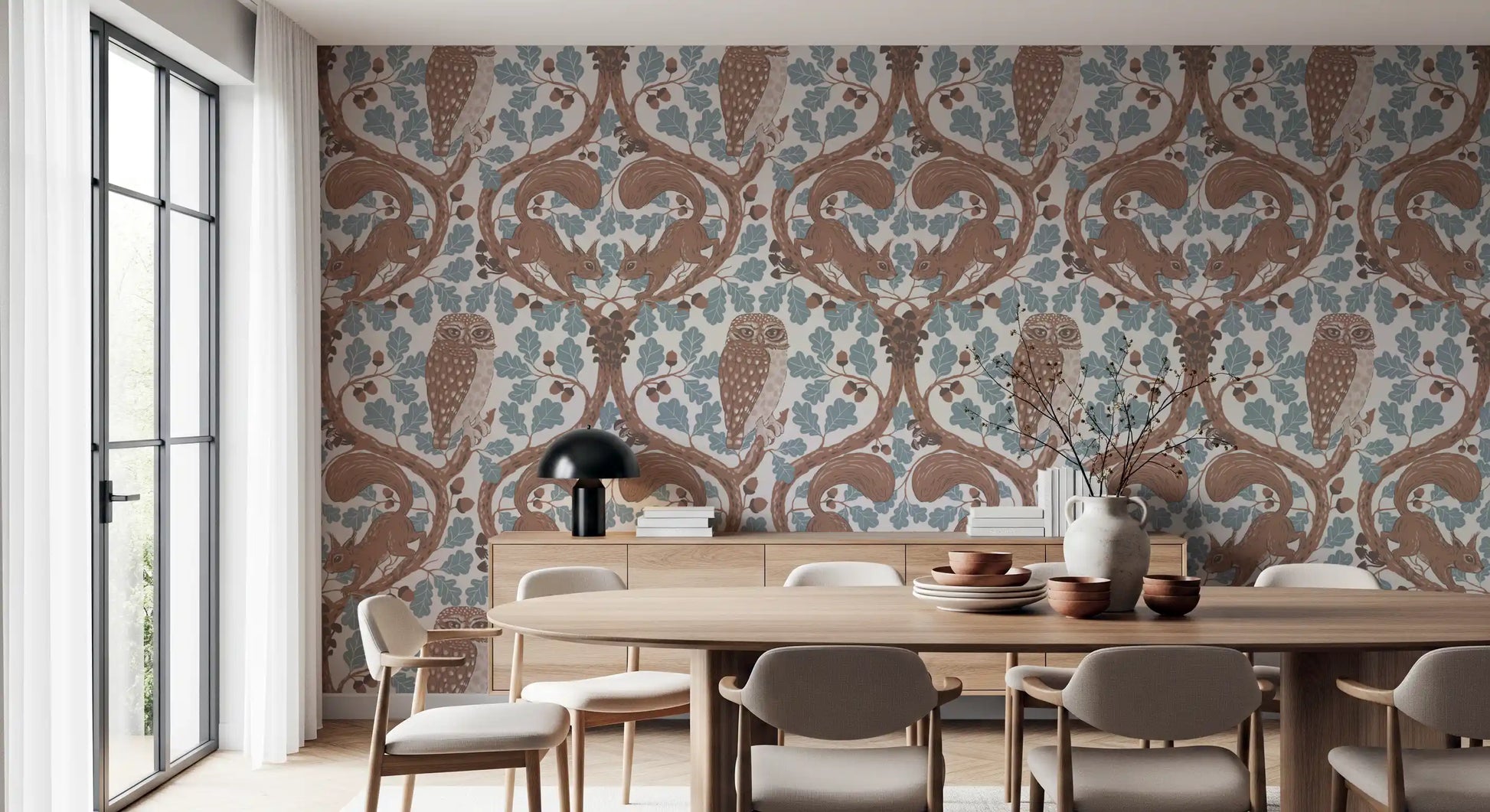 Woodland Whispers wallpaper with a perched owl in mocha and coffee brown